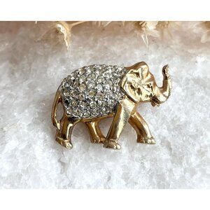 Elephant Figural Gold Toned Clear Rhinestoned Vintage Costume Jewelry Brooch